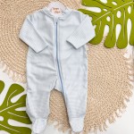Macacão em Soft com Abertura em Zíper Quadriculado - Off White e Azul Bebê
