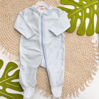 Macacão em Soft com Abertura em Zíper Quadriculado - Off White e Azul Bebê