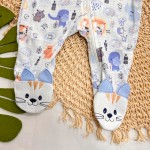Macacão de Malha com Abertura em Zíper Desenho Bichinhos - Off White e Azul Bebê