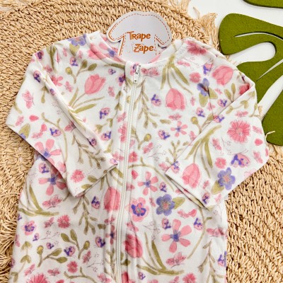 Macacão de Malha com Abertura em Zíper Floral - Off White e Rosa