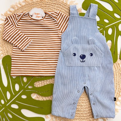 Inverno 2025 - Conj. Blusa Manga Longa Listrada e Jardineira Plush Canelado Urso - Azul Bebê e Marrom