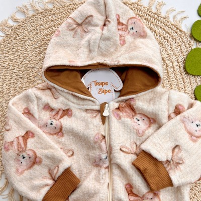Inverno 2025 -  Conjunto Ursinha e Lacinhos Jaqueta com Capuz e Calça em Plush - Caramelo 