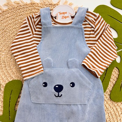 Inverno 2025 - Conj. Blusa Manga Longa Listrada e Jardineira Plush Canelado Urso - Azul Bebê e Marrom