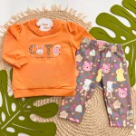 Inverno 2025 -  Conj. Blusa Cute Amiguinhas Fofas e Legging Flores - Laranja