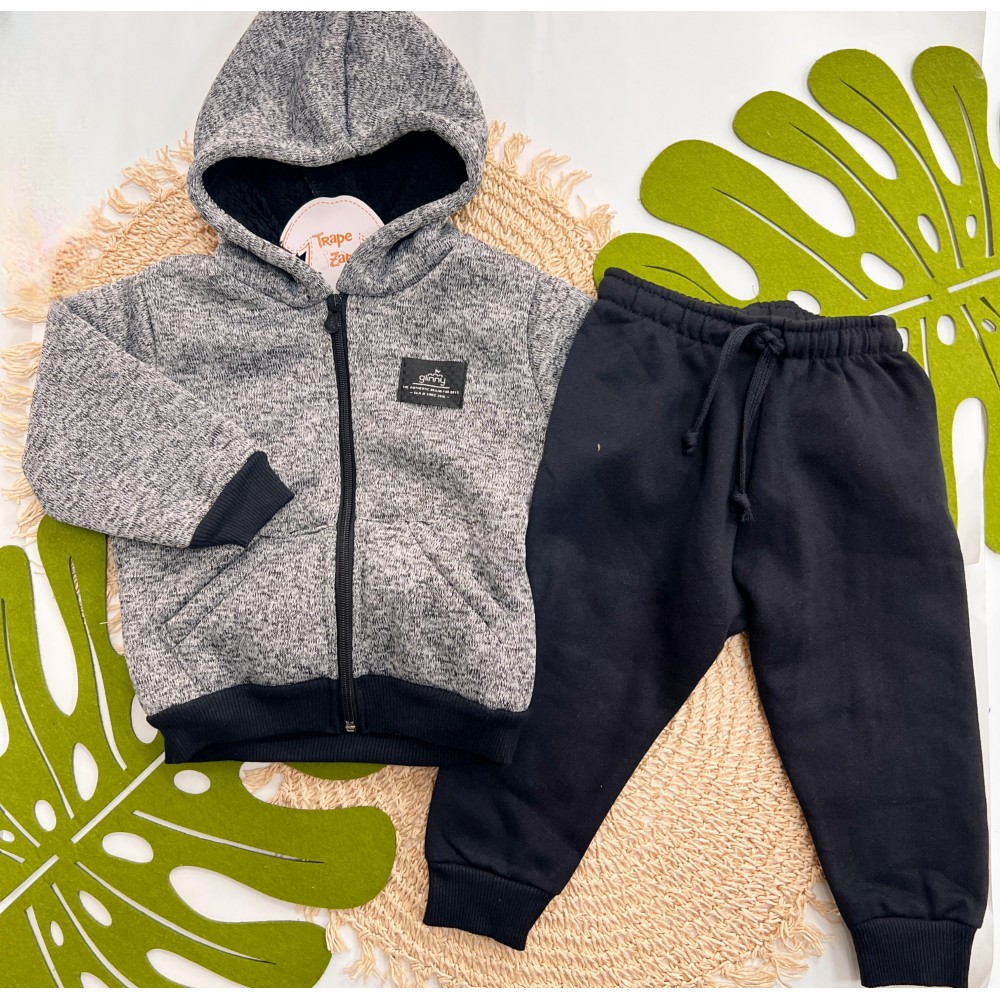 Inverno 2025 -  Conj. Jaqueta com Pelinho Interno e Calça em Moletom - Mescla e Preto