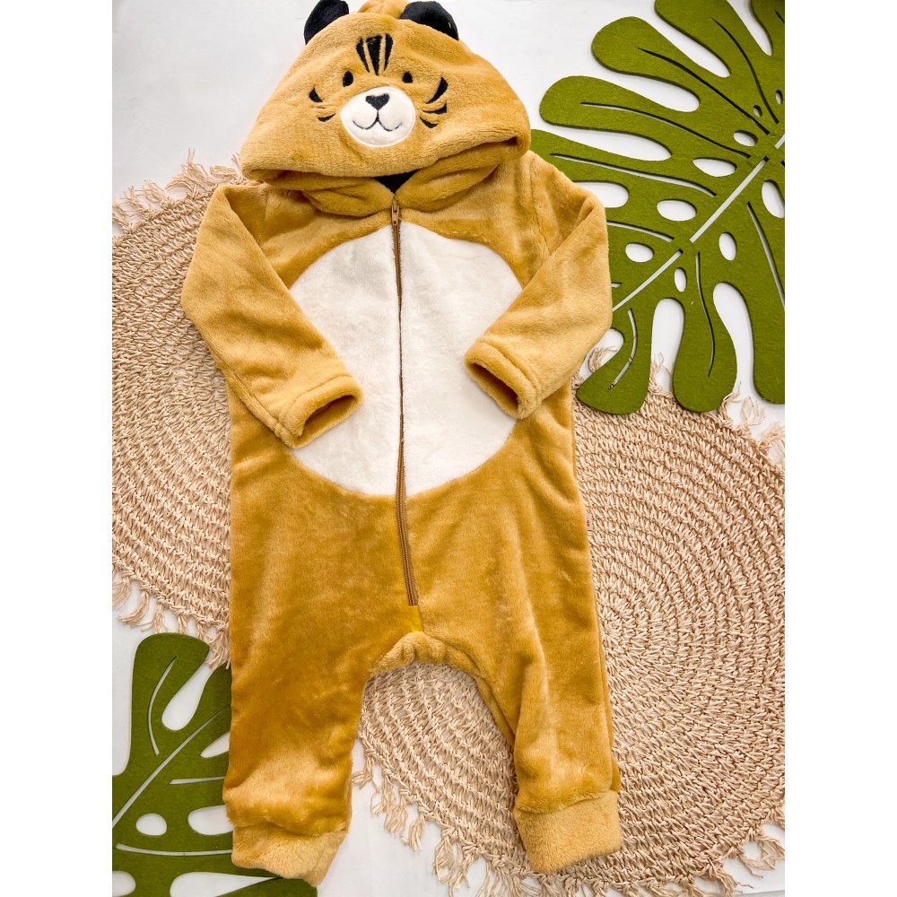 Inverno 2025 - Macacão Tigre Fofo em Plush com Abertura em Ziper - Laranja 