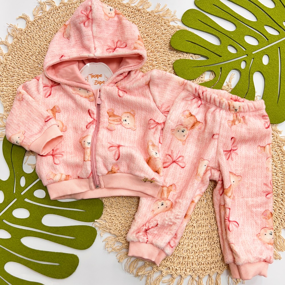 Inverno 2025 - Conj. Jaqueta em Pelinho e Calça Ursinhas - Rosa