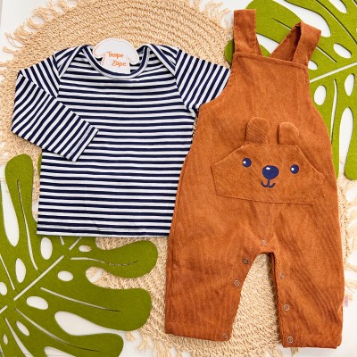 Inverno 2025 - Conj. Blusa Manga Longa Listrada e Jardineira Plush Canelado Urso - Marrom e Azul Marinho