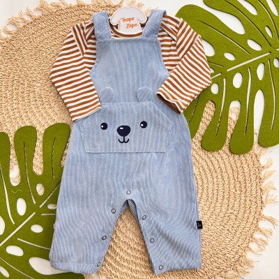Inverno 2025 - Conj. Blusa Manga Longa Listrada e Jardineira Plush Canelado Urso - Azul Bebê e Marrom