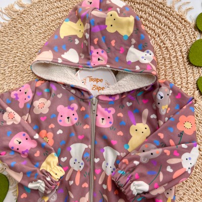 Inverno 2025 -  Conjunto Animais na Floresta Jaqueta com Capuz e Calça em Malha - Rosa