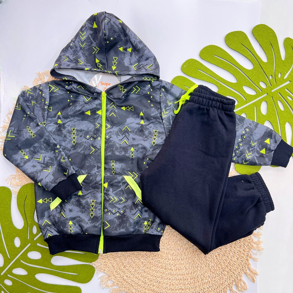 Inverno 2025 -  Conj. Jaqueta em Desenhos Neon e Calça em Moletom - Preto e Verde