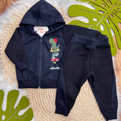  Inverno 2025 - Conjunto moletom com zíper dino skatista- Preto
