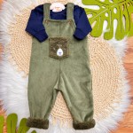  Inverno 2025 - Conj.Blusa Manga Longa e Jardineira Ursinho Plush Canelado - Verde