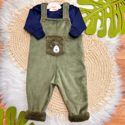  Inverno 2025 - Conj.Blusa Manga Longa e Jardineira Ursinho Plush Canelado - Verde