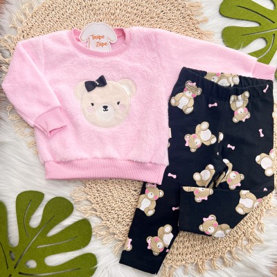  Inverno 2025 - Conj. Casaco em Plush Ursinha e Legging - Rosa e Preto