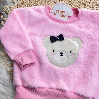  Inverno 2025 - Conj. Casaco em Plush Ursinha e Legging - Rosa e Preto