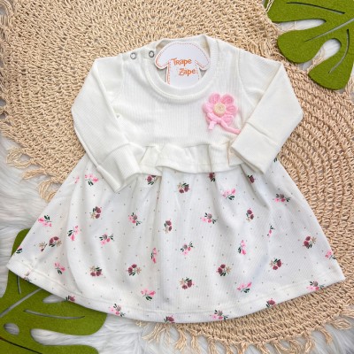  Inverno 2025 - Vestido Canelado Manga Longa Florzinhas - Off White
