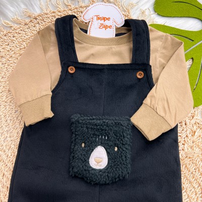  Inverno 2025 - Conj.Blusa Manga Longa e Jardineira Ursinho Plush Canelado - Preto