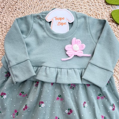  Inverno 2025 - Vestido Canelado Manga Longa Florzinhas - Verde