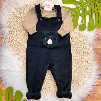  Inverno 2025 - Conj.Blusa Manga Longa e Jardineira Ursinho Plush Canelado - Preto