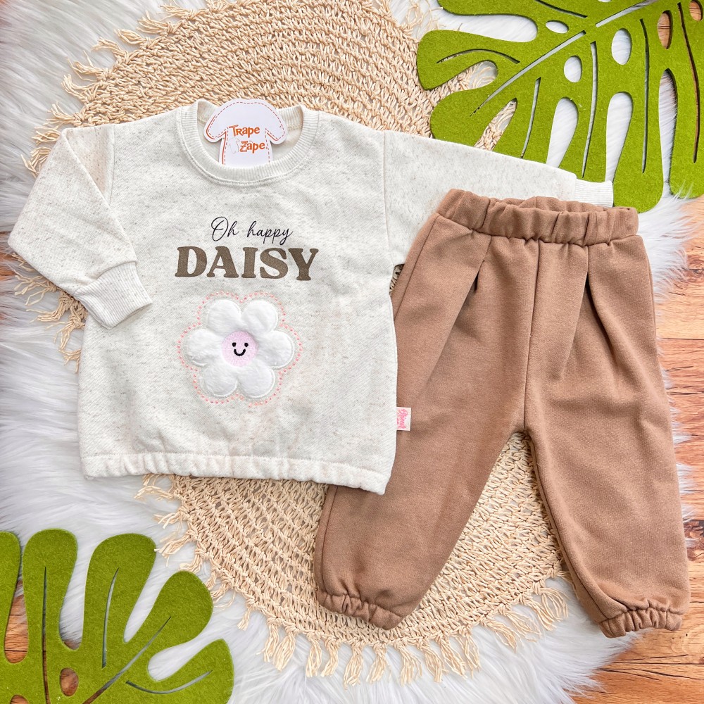  Inverno 2025 - Conj. Casaco Flor Daisy e Calça em Moletom - Cappuccino