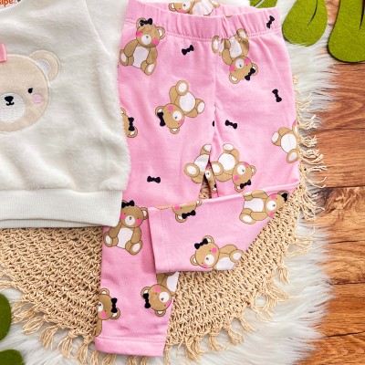 Inverno 2025 - Conj. Casaco em Plush Ursinha e Legging - Off White e Rosa