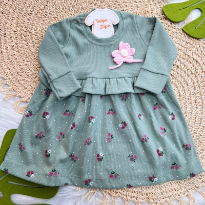  Inverno 2025 - Vestido Canelado Manga Longa Florzinhas - Verde