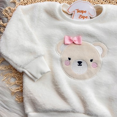 Inverno 2025 - Conj. Casaco em Plush Ursinha e Legging - Off White e Rosa