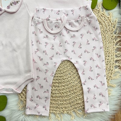 Conj. Body Manga Longa Gola Bordada com Flores Rosa e Calça - Rosa