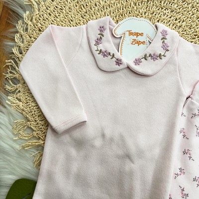 Conj. Body Manga Longa Gola Bordada com Flores Rosa e Calça - Rosa