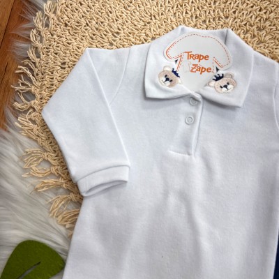 Conj. Body Manga Longa Príncipe Ursinho e Calça - Azul Marinho e Branco