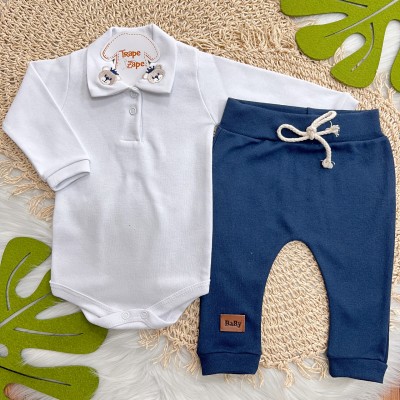 Conj. Body Manga Longa Príncipe Ursinho e Calça - Azul Marinho e Branco