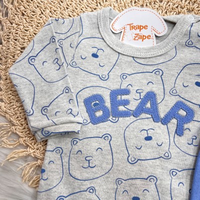 Conj. Body Manga Longa Bear e Calça - Mescla e Azul Bic