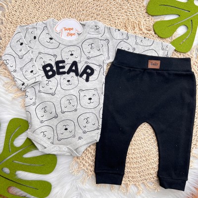 Conj. Body Manga Longa Bear e Calça - Mescla e Preto