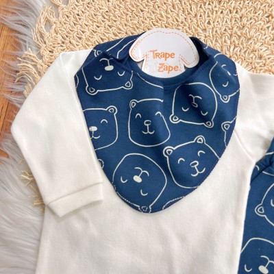 Conj. Body Manga Longa, Babador Bandana e Calça Ursinhos - Azul Marinho