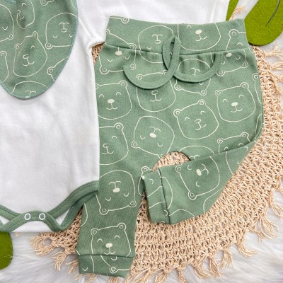 Conj. Body Manga Longa, Babador Bandana e Calça Ursinhos - Verde