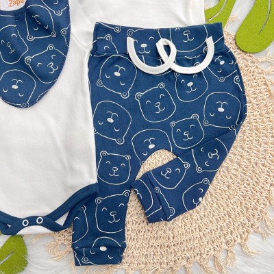 Conj. Body Manga Longa, Babador Bandana e Calça Ursinhos - Azul Marinho
