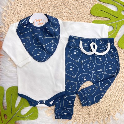 Conj. Body Manga Longa, Babador Bandana e Calça Ursinhos - Azul Marinho