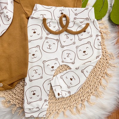 Conj. Body Manga Longa, Babador Bandana e Calça Ursinhos - Caramelo