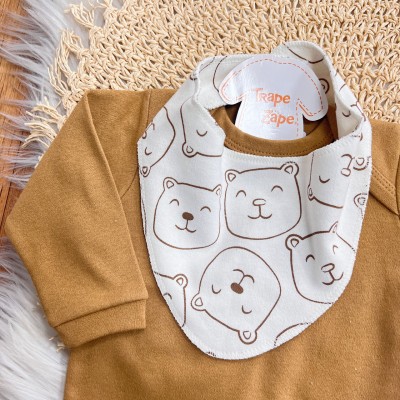 Conj. Body Manga Longa, Babador Bandana e Calça Ursinhos - Caramelo