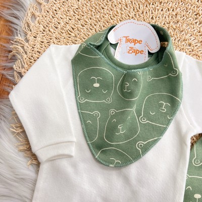 Conj. Body Manga Longa, Babador Bandana e Calça Ursinhos - Verde