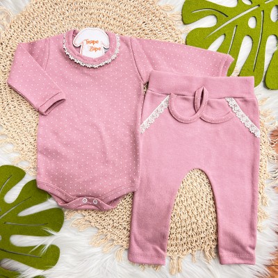 Conj. Body Manga Longa Poá e Calça com Flores Rendadas - Uva