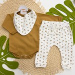 Conj. Blusa Manga Longa, Babador Bandana e Calça Florzinhas - Ferrugem