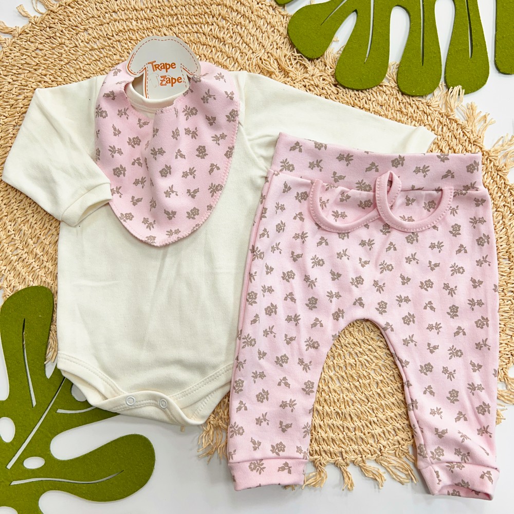 Conj. Body Manga Longa, Babador Bandana e Calça Florido - Rosa e Off White