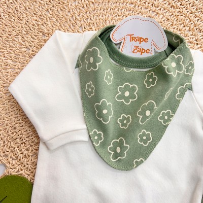 Conj. Body Manga Longa, Babador Bandana e Calça Flores - Verde e Off White