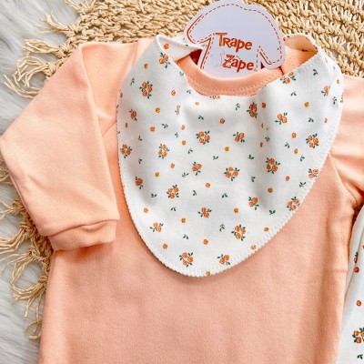 Conj. Body Manga Longa, Babador Bandana e Calça Mini Florzinhas - Salmão