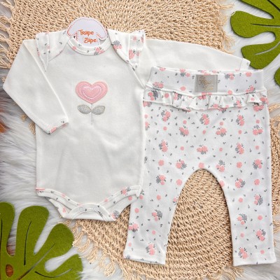 Conj. Body Manga Longa Off White com Flor de Coração e Calça Floral - Rosa e Cinza