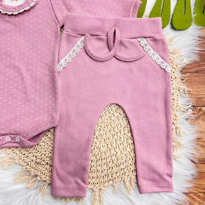 Conj. Body Manga Longa Poá e Calça com Flores Rendadas - Uva
