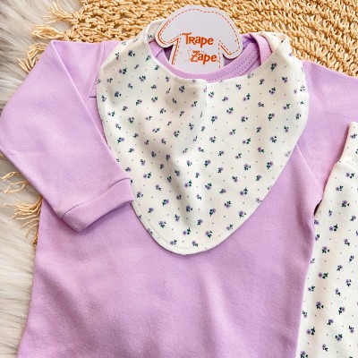 Conj. Blusa Manga Longa, Babador Bandana e Calça Rosinhas - Lilás
