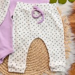 Conj. Blusa Manga Longa, Babador Bandana e Calça Rosinhas - Lilás